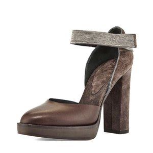 Brunello Cucinelli Monili Beads Suede and Leather Pumps Heels